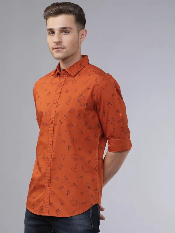 Locomotive Men Rust Printed Slim Fit Casual Shirt