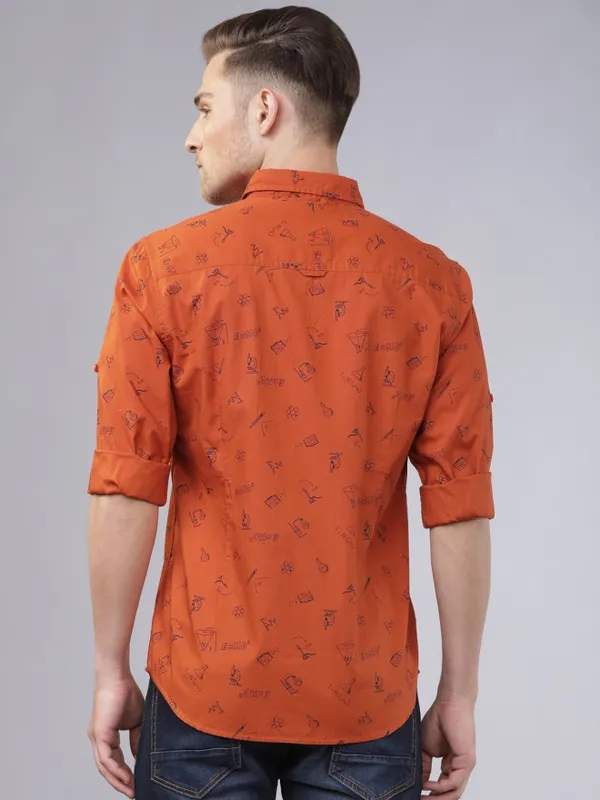 Locomotive Men Rust Printed Slim Fit Casual Shirt