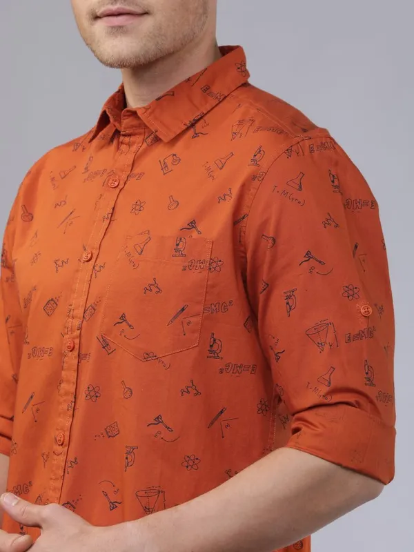 Locomotive Men Rust Printed Slim Fit Casual Shirt