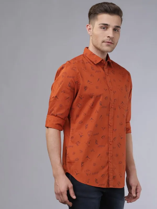 Locomotive Men Rust Printed Slim Fit Casual Shirt