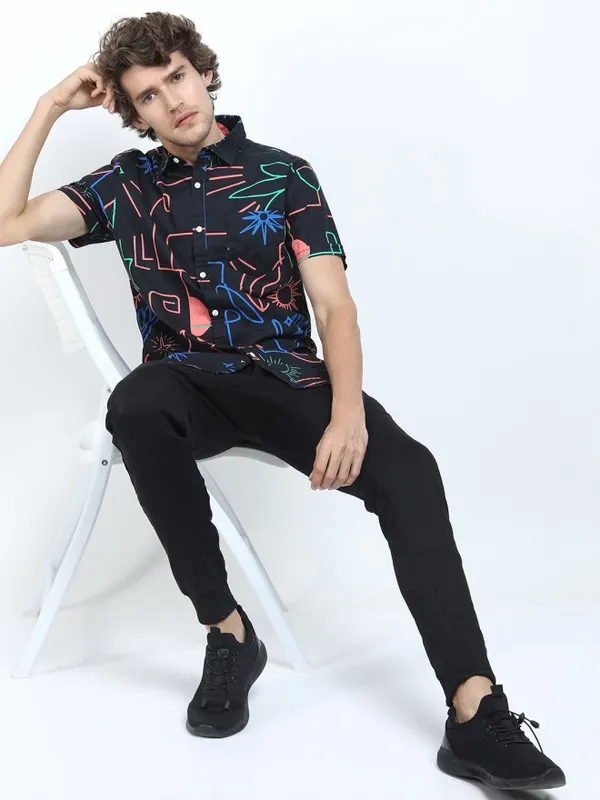 Locomotive Men Black Printed Slim Fit Casual Shirt