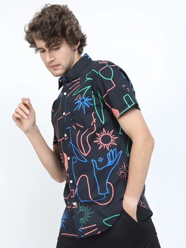 Locomotive Men Black Printed Slim Fit Casual Shirt