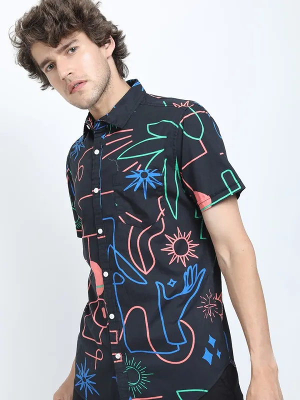 Locomotive Men Black Printed Slim Fit Casual Shirt