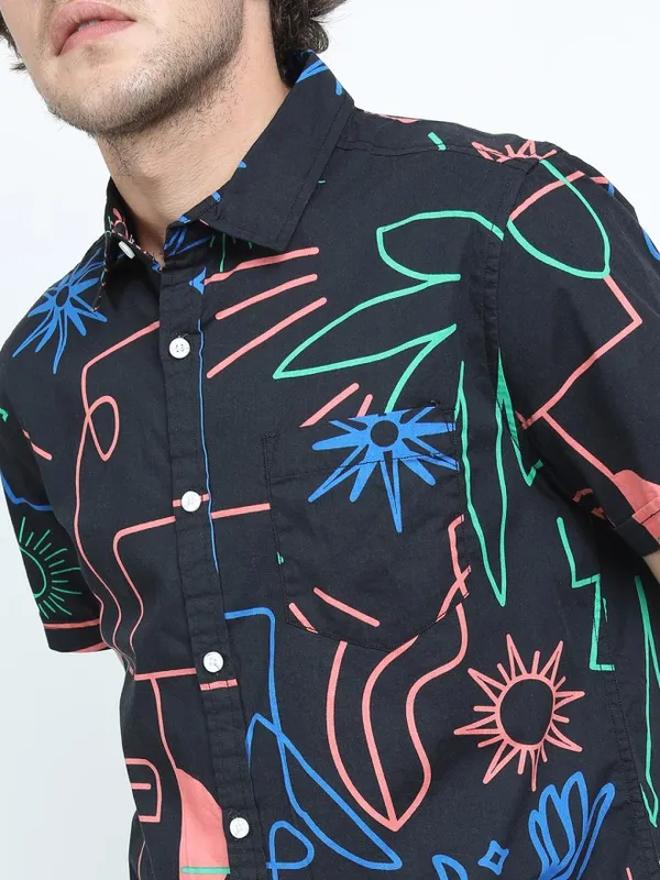 Locomotive Men Black Printed Slim Fit Casual Shirt