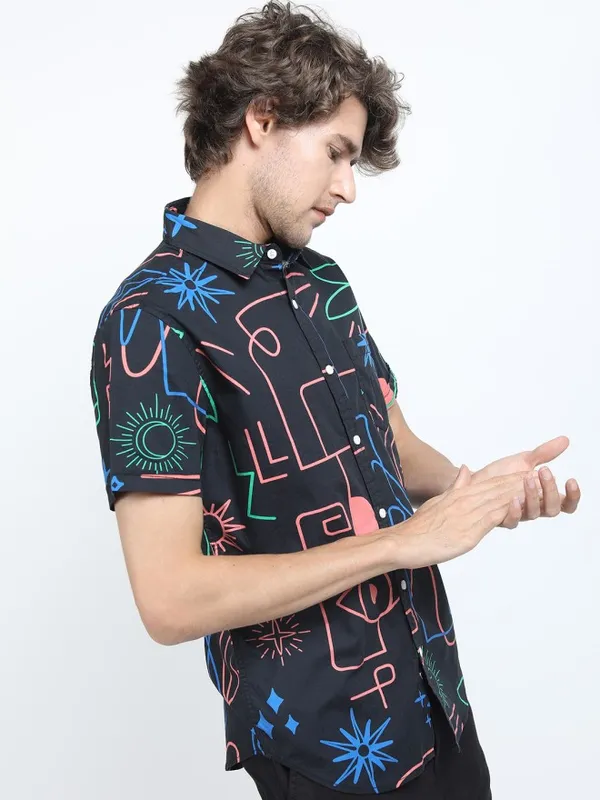 Locomotive Men Black Printed Slim Fit Casual Shirt