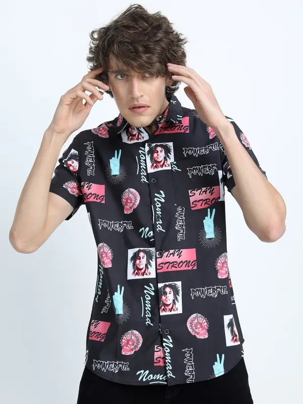 Locomotive Men Black Printed Slim Fit Casual Shirt