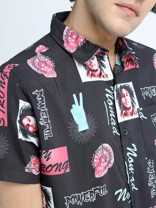 Locomotive Men Black Printed Slim Fit Casual Shirt