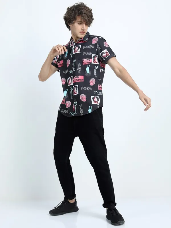 Locomotive Men Black Printed Slim Fit Casual Shirt