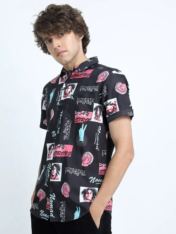 Locomotive Men Black Printed Slim Fit Casual Shirt