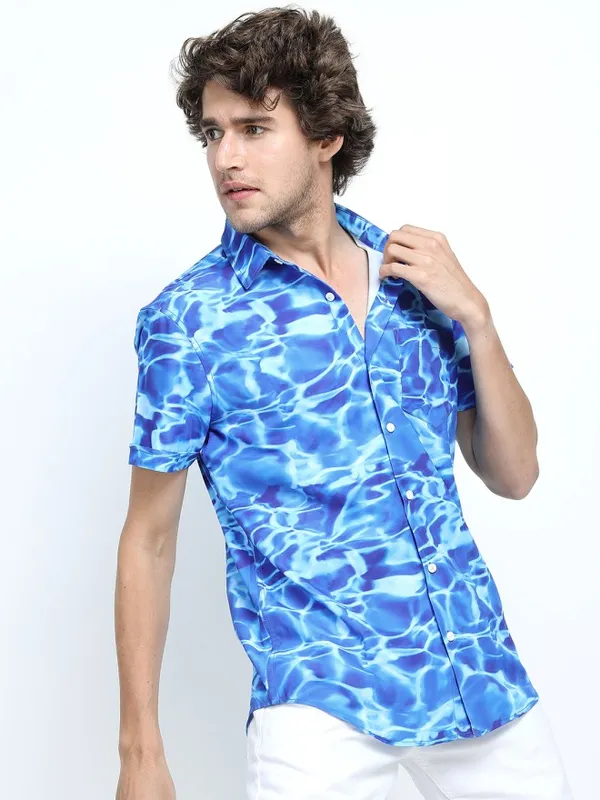 Locomotive Men Blue Printed Slim Fit Casual Shirt