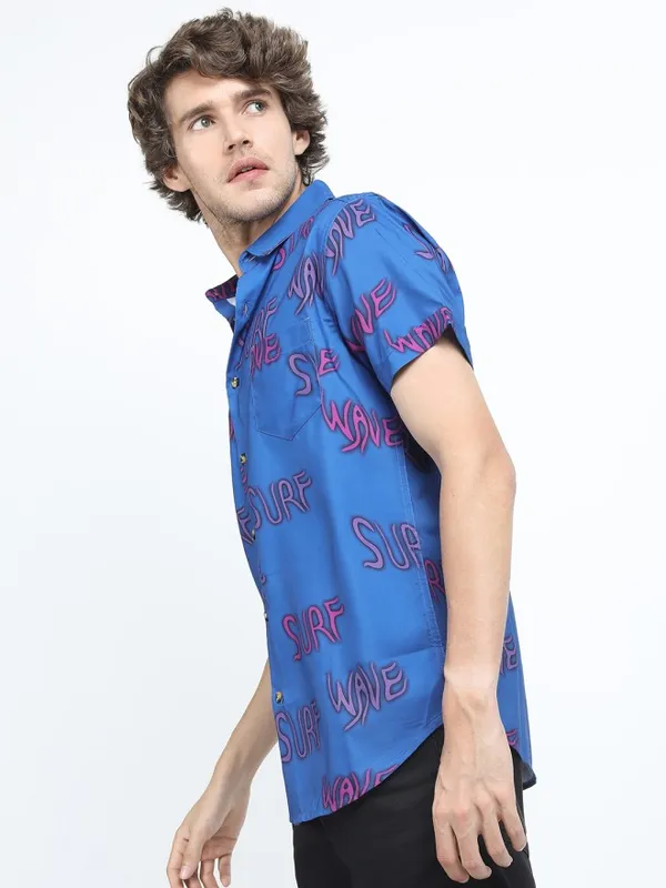 Locomotive Men Blue Printed Slim Fit Casual Shirt