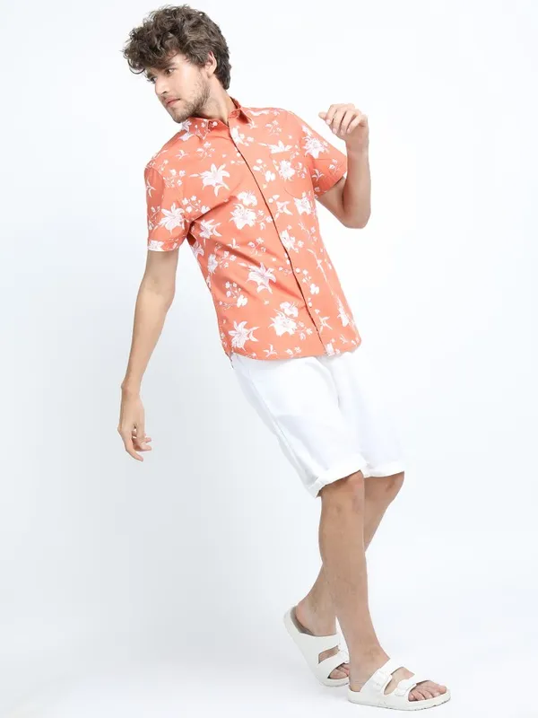 Locomotive Men Orange Printed Slim Fit Casual Shirt