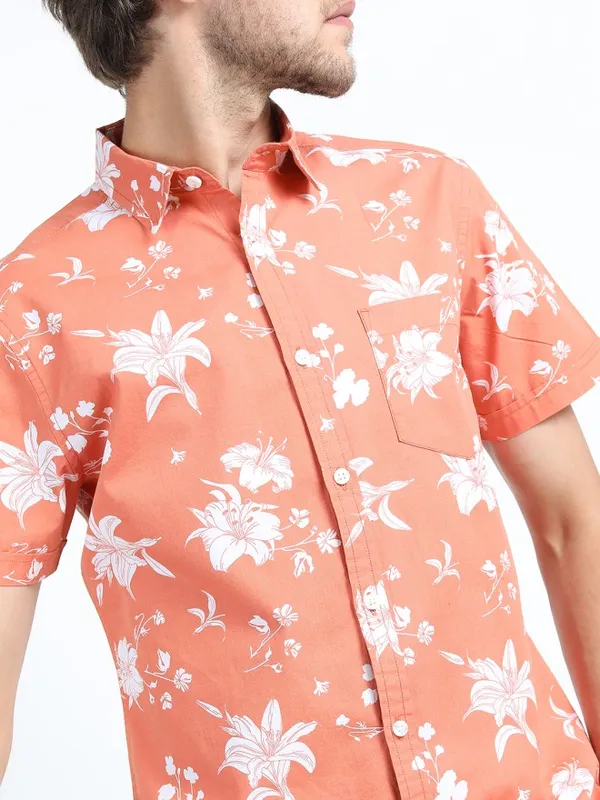 Locomotive Men Orange Printed Slim Fit Casual Shirt