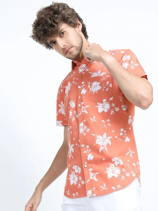 Locomotive Men Orange Printed Slim Fit Casual Shirt