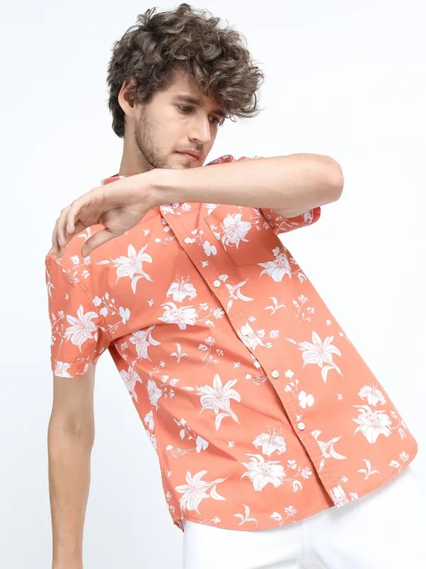 Locomotive Men Orange Printed Slim Fit Casual Shirt