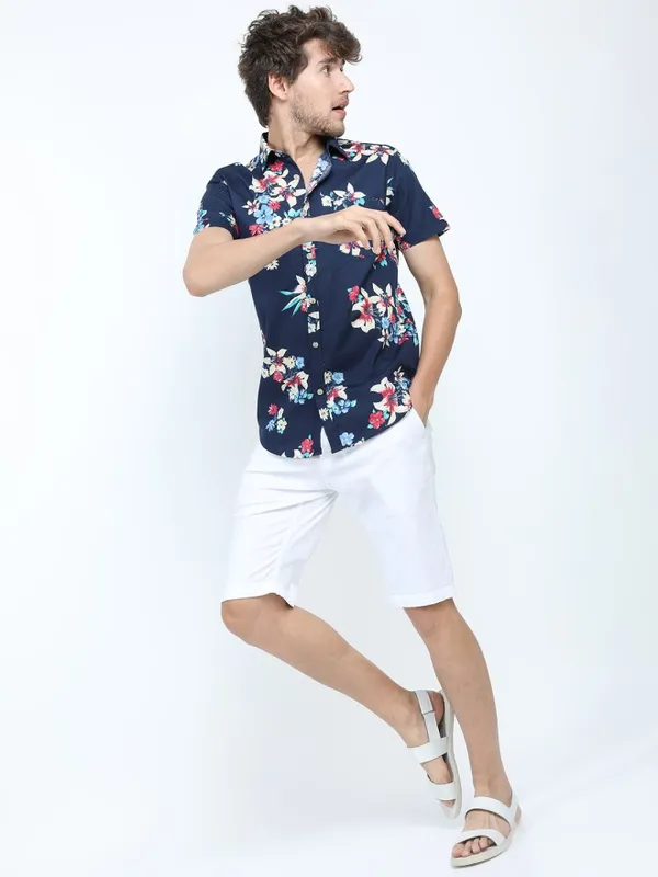 Locomotive Men Navy Blue Printed Slim Fit Casual Shirt