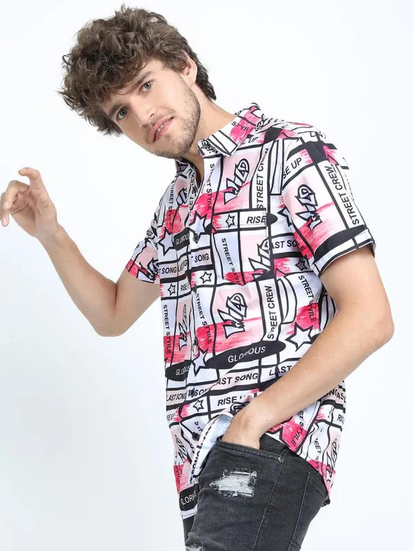 Locomotive Men Red Printed Slim Fit Casual Shirt