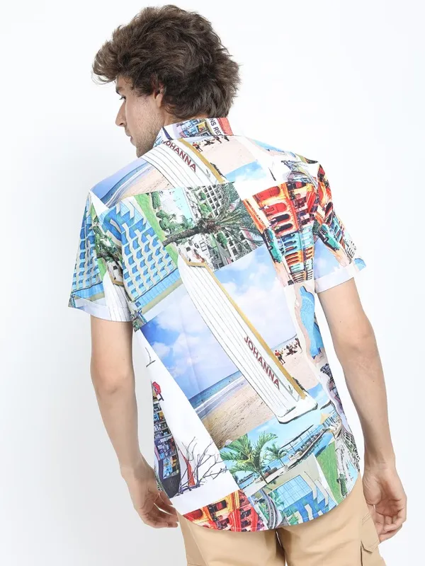 Locomotive Men White Printed Slim Fit Casual Shirt