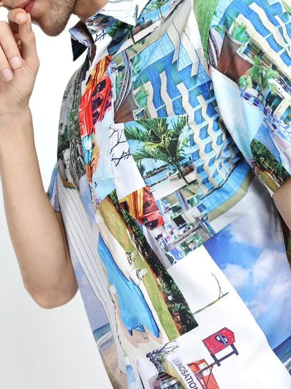 Locomotive Men White Printed Slim Fit Casual Shirt