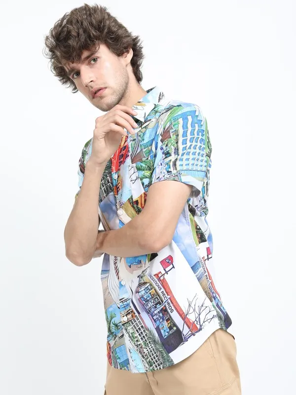 Locomotive Men White Printed Slim Fit Casual Shirt