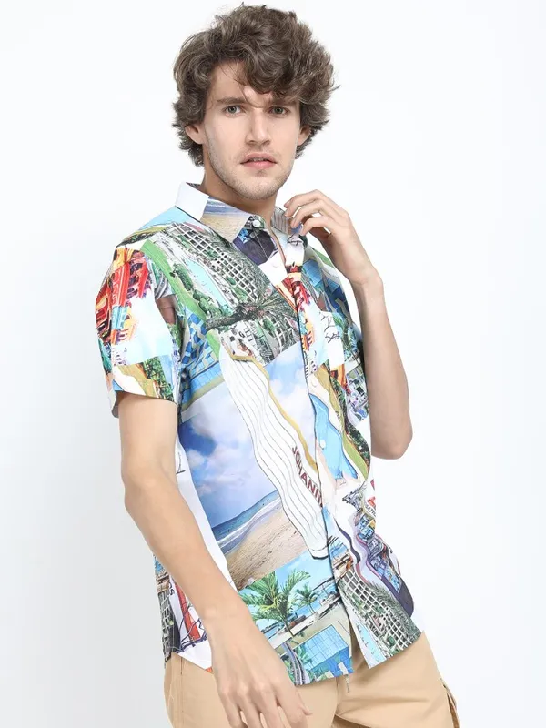 Locomotive Men White Printed Slim Fit Casual Shirt