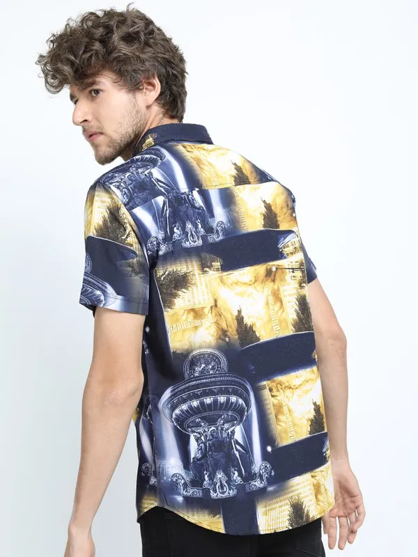 Locomotive Men Yellow Printed Slim Fit Casual Shirt