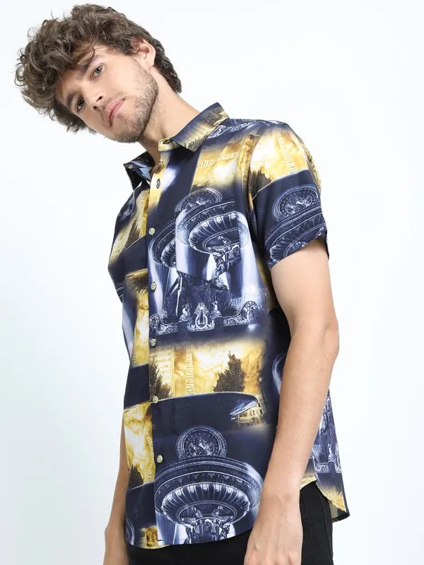 Locomotive Men Yellow Printed Slim Fit Casual Shirt