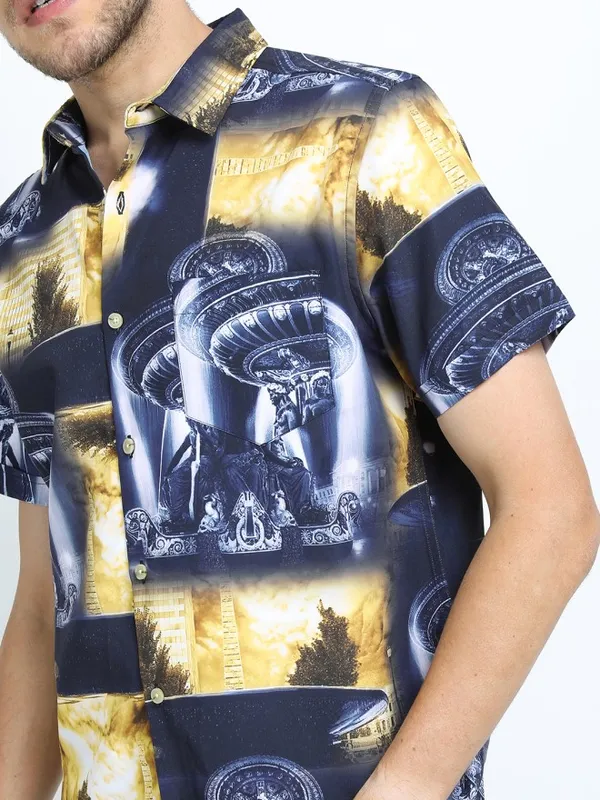 Locomotive Men Yellow Printed Slim Fit Casual Shirt