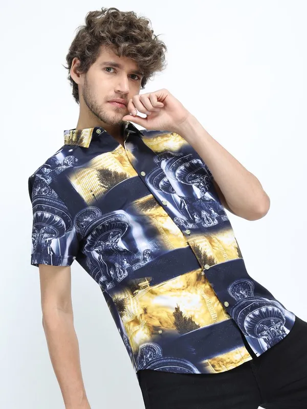 Locomotive Men Yellow Printed Slim Fit Casual Shirt