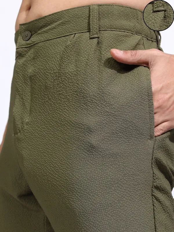 Highlander Men Olive Slim Fit Textured Casual Trouser