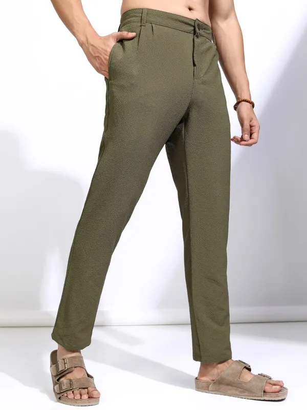 Highlander Men Olive Slim Fit Textured Casual Trouser