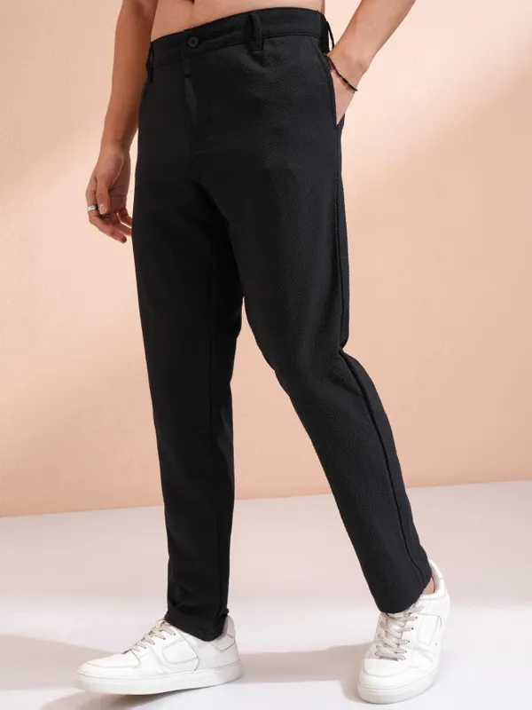 Highlander Men Black Slim Fit Textured Casual Trouser
