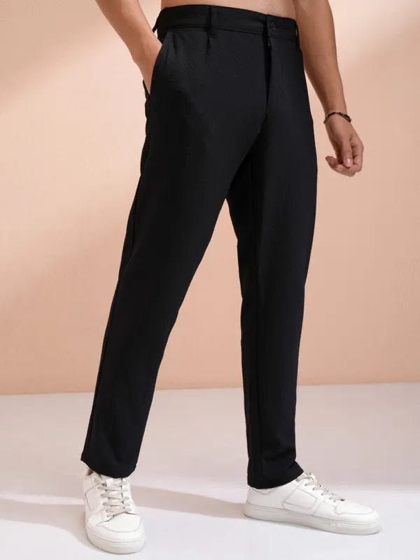 Highlander Men Black Slim Fit Textured Casual Trouser