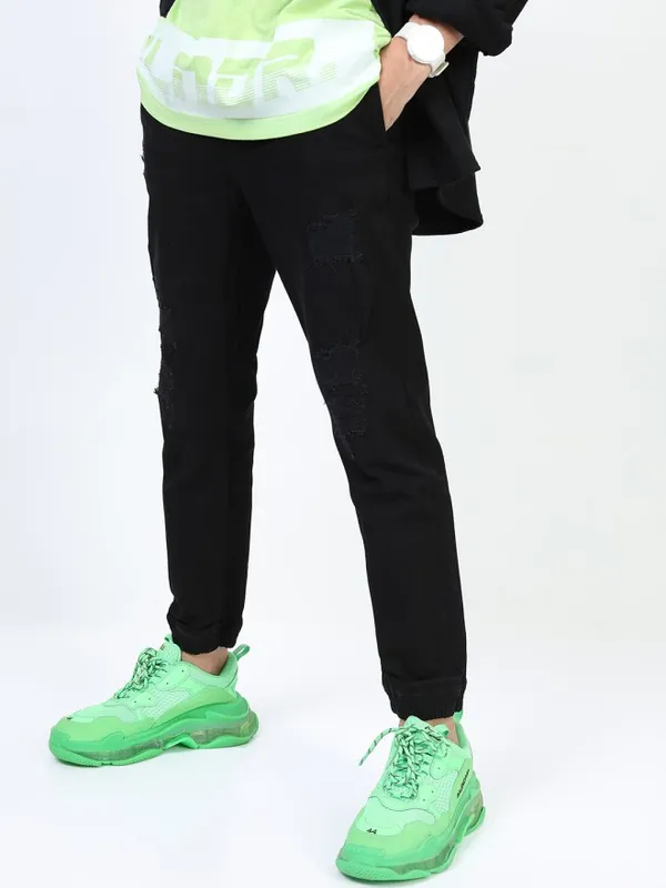 Highlander Men Black Jogger Highly Distressed Stretchable Jeans