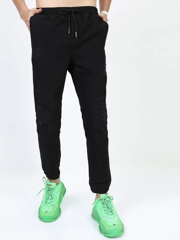 Highlander Men Black Jogger Highly Distressed Stretchable Jeans