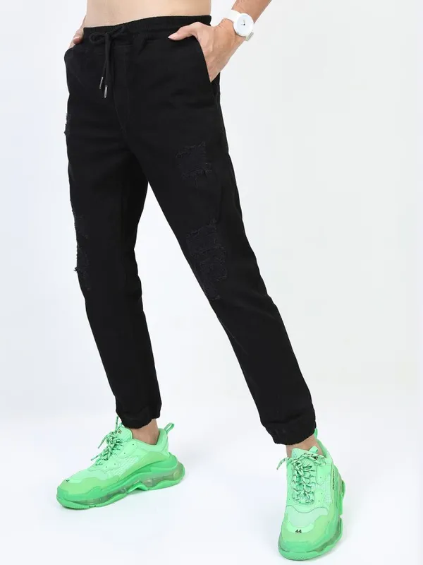 Highlander Men Black Jogger Highly Distressed Stretchable Jeans