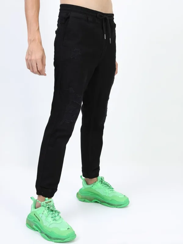 Highlander Men Black Jogger Highly Distressed Stretchable Jeans