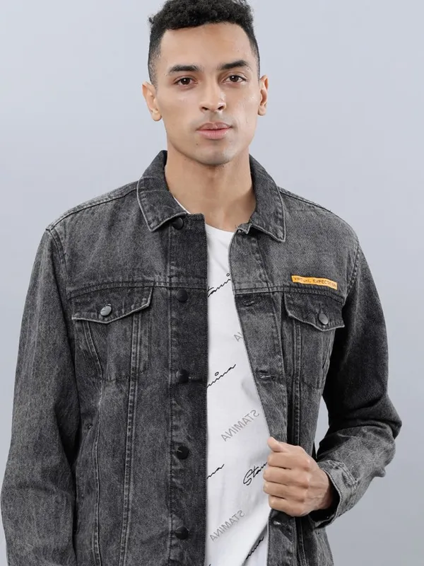 Highlander Men Grey Solid Denim Jacket