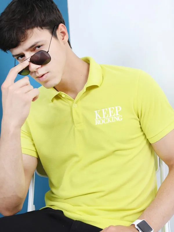 Highlander Men Lime Green Polo Collar Printed Polo Collar T-Shirt