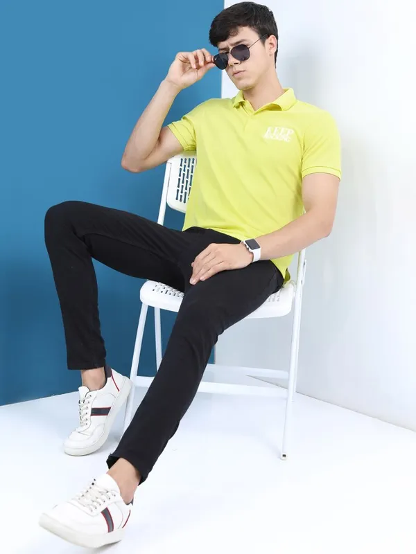 Highlander Men Lime Green Polo Collar Printed Polo Collar T-Shirt
