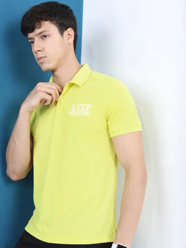 Highlander Men Lime Green Polo Collar Printed Polo Collar T-Shirt