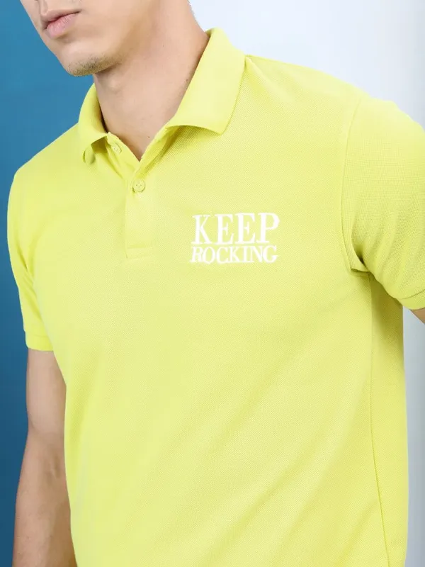 Highlander Men Lime Green Polo Collar Printed Polo Collar T-Shirt