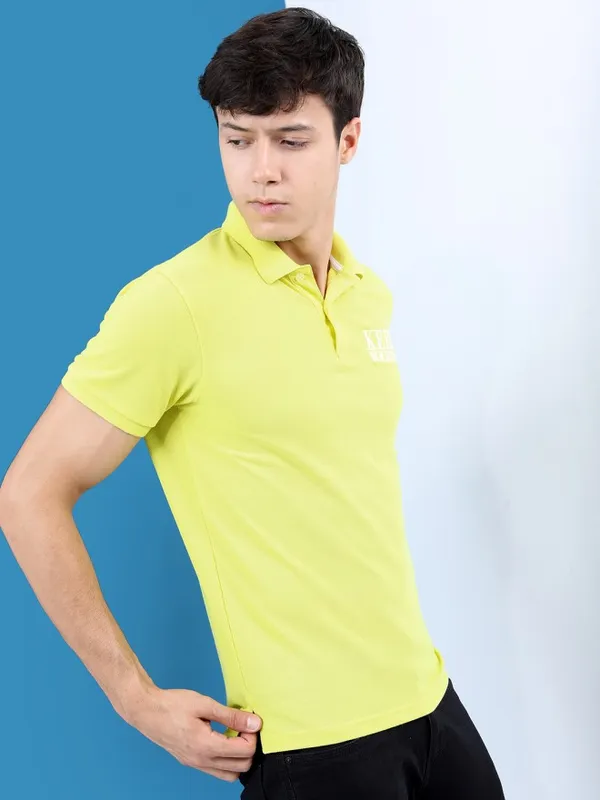 Highlander Men Lime Green Polo Collar Printed Polo Collar T-Shirt
