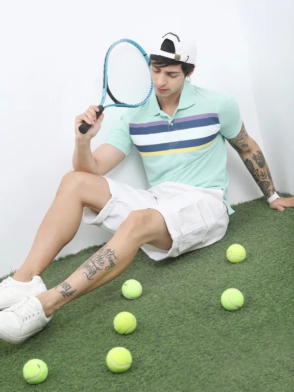 Highlander Men Sea Green Polo Collar Striped Polo Collar T-Shirt