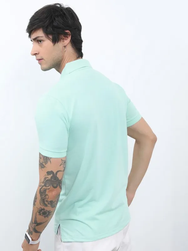 Highlander Men Sea Green Polo Collar Striped Polo Collar T-Shirt