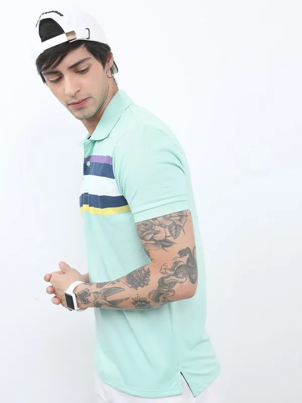 Highlander Men Sea Green Polo Collar Striped Polo Collar T-Shirt