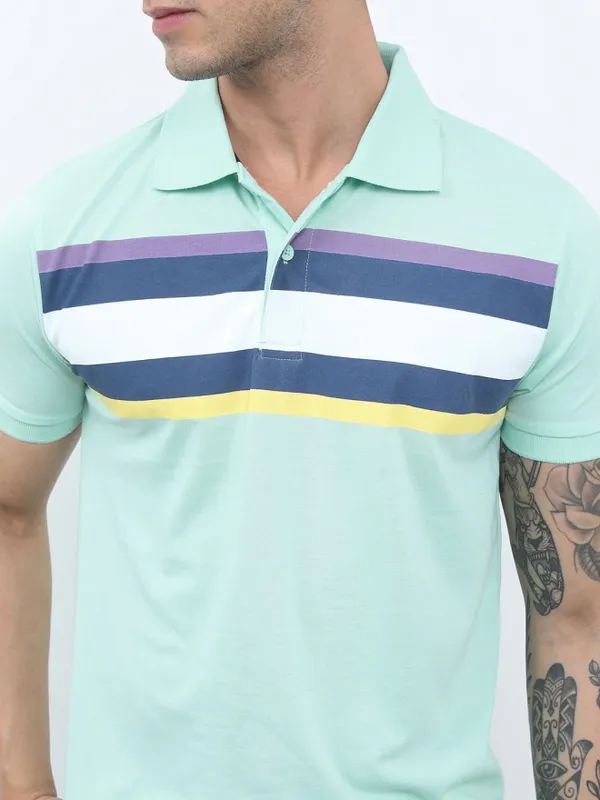Highlander Men Sea Green Polo Collar Striped Polo Collar T-Shirt