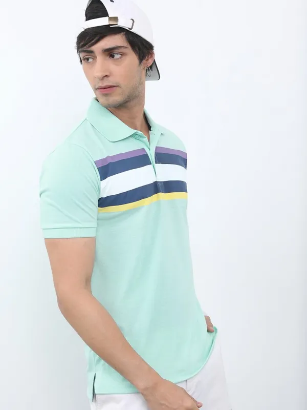 Highlander Men Sea Green Polo Collar Striped Polo Collar T-Shirt