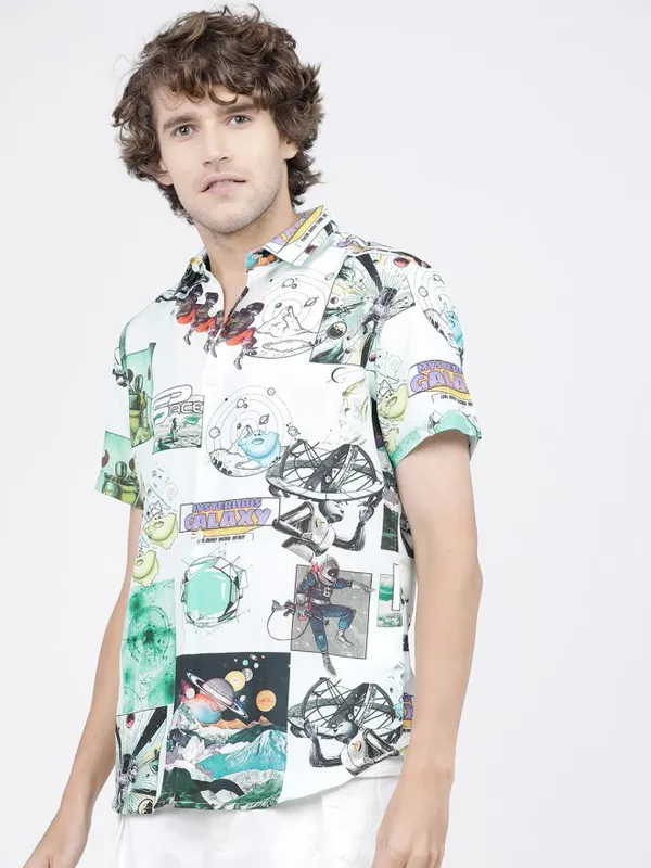 Highlander Men Grey Printed Slim Fit Casual Shirt