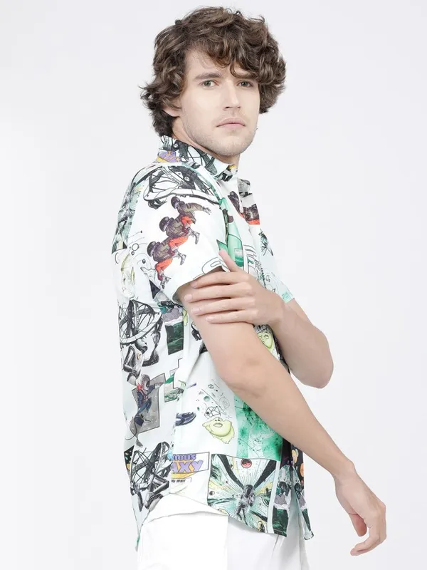 Highlander Men Grey Printed Slim Fit Casual Shirt